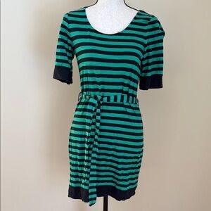 Banana Republic Stripe Green Navy Blue T-Shirt Knit Cotton Dress Petite Small PS